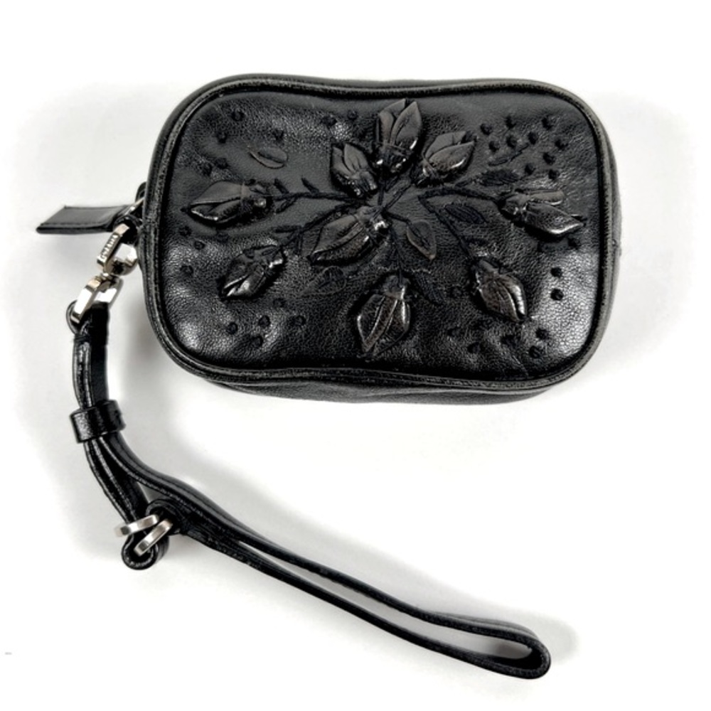 Prada black leather wristlet w/floral appliqué